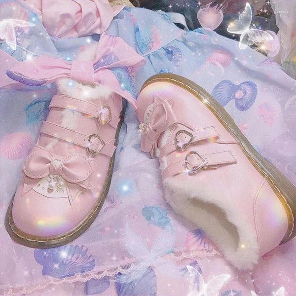 Chaussures habillées plus velours hiver lolita bottes talon bas pu femmes bowknot deux boucles anime cosplay japonais