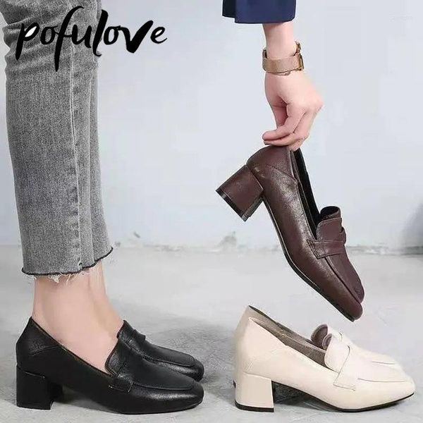 Chaussures habillées Pofulove en cuir souple pour femmes printemps et automne bout carré couleur unie léger talon moyen épais en gros