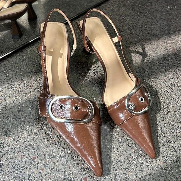 Chaussures habillées pointues mule pompes femmes talons bas sandales de créateur de boucle en métal féminine 2024 Slingback sexy mueller talons