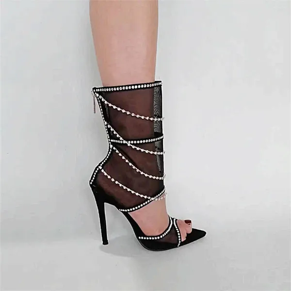 Robe chaussures bout pointu stiletto ultra haut talon dos sandales zippées maille noire diamant transparent bottes de mode sexy femmes sandalia