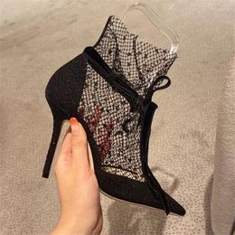 Chaussures habillées pointues Femmes Pumps Mesh 10cm High Heels Sexy Hollow Out Botkle Summer Boots Lace Gladiator Sandales Black Stiletto