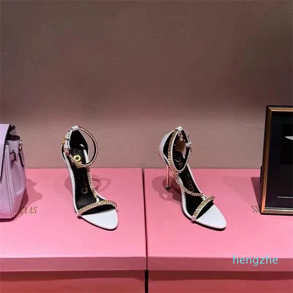 Zapatos de vestir Sandalia puntiaguda con punta abierta Tacones altos Sandalia con candado dorado Sandalias de tacón desnudo de cuero Bombas de vestido de fiesta de boda