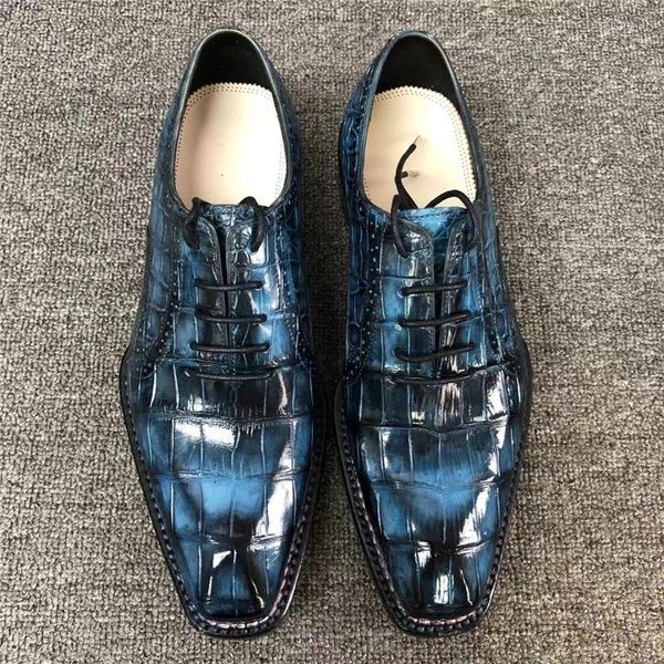 Chaussures habillées pré-commande authentique peau de crocodile Goodyear Craft bout carré hommes bleu véritable cuir d'alligator mâle à lacets Oxfords