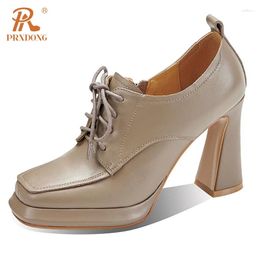 Chaussures habillées Prxdong 2024 Arrivées Véritine en cuir véritable gros talons hauts orteil carré noir lacet up fête des pompes féminines taille 34-39