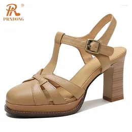 Chaussures habillées prxdong 2024 marque authentique vache en cuir d'été plate-forme de talons hauts femme sandales t-trap fête femelle 34-40