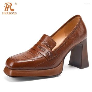 Chaussures habillées Prxdong Classics Généralités en cuir Chunky High Heels Platform Square Toe Black Brown Retro Party Female Pumps 39