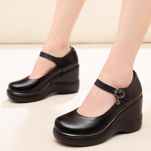 Chaussures habillées Pu Cuir Talon Compensé Confortable Casual Femmes Plate-Forme Noir Escarpins Hauts