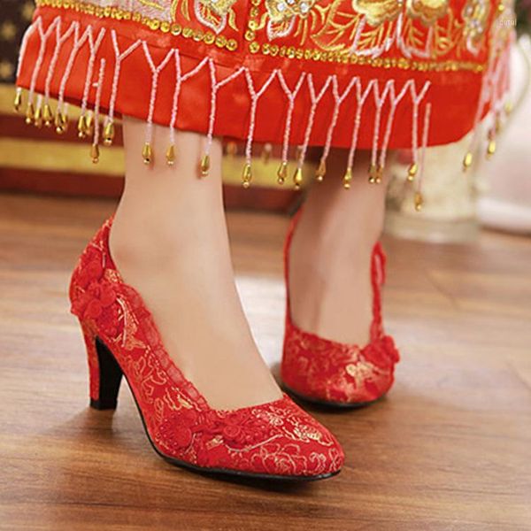 Zapatos de vestir Bombas Cheongsam Grueso Con Mujeres Solo Tacón nupcial 2023 Básico Lolita Tacones de baile rojo