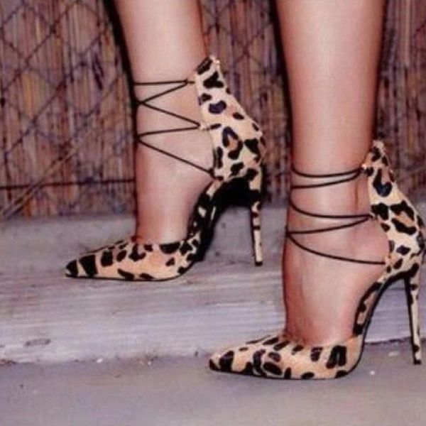 Chaussures habillées pompes femmes Sexy léopard talons hauts bout pointu fête dames été mode croix à bretelles talons aiguilles gladiateur sandales