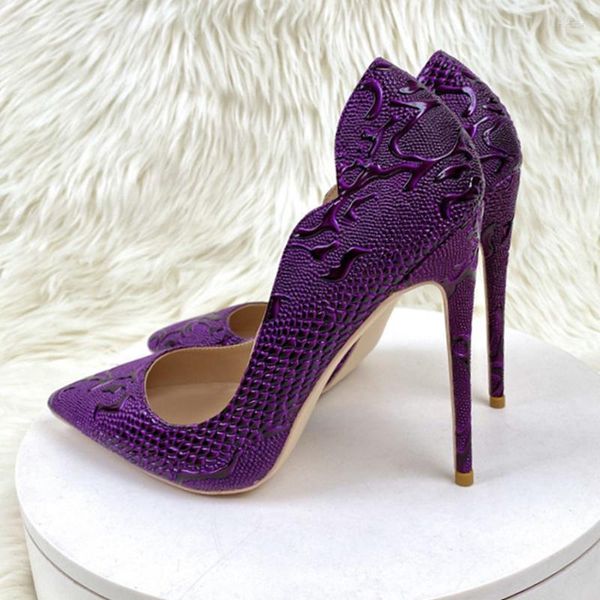 Zapatos de vestir Púrpura 3D Efecto Cocodrilo Mujeres Curl Edeged Punta Puntiaguda Tacón Alto Sexy Slip On Stiletto Bombas Plus Tamaño 44 45