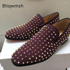 Dress Shoes Purple Suede Spiked Man Pointed Toe Gold Rivet Real Leather Flat Male Fashion Party