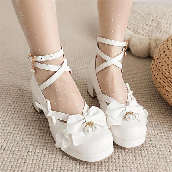 Robe chaussures PXELENA 2024 élégante lolita mariée femmes mariage blanc rose violet croix noué perles noeud papillon volants pompes grande taille 34-45