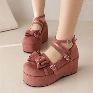 Chaussures de robe PXELENA LO Belles Femmes Wedge Talons Hauts Plateforme Mary Janes Bow Noeud Croix Attachée Punk Goth Cosplay Pompes Grande Taille 34-45