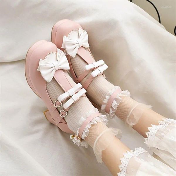 Zapatos de vestir Pxelena Plus Tamaño 34-45 Sweet Lolita T Correa Mary Janes Mujeres Princesa Bowknot Med Tacones Fiesta Boda Cosplay Bombas