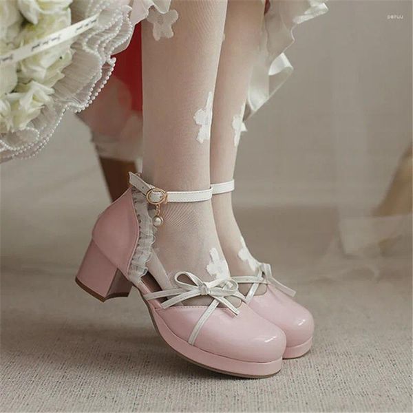 Zapatos de vestir Pxelena Princess Lolita Lindas Chicas Mary Janes Patent Cuero Med Tacones Ruffles Perlas Mujeres Fiesta Cosplay Bombas 45