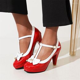 Chaussures habillées Pxelena Spring Bowtie Couleurs mixtes T-STrap talons hauts Pompes Mary Jane Pearl Patent Leather Femmes Big Taille 34-43