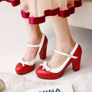 Jurk Schoenen PXELENA Sweet Lolita Meisjes Mary Janes Vrouwen Chunky Blok Hoge Hak Strik Begrensd Prinses Bruiloft Wit Rood