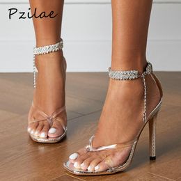 Zapatos de vestir Pzilae verano oro plata serpiente patrón mujeres sandalias sexy punta cuadrada tacones altos correa de diamantes de imitación fiesta tamaño grande 35-42
