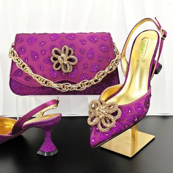 Zapatos de vestir QSGFC Clásico Color Púrpura Moda Africana Embrague para damas con el mismo estilo Tacones altos Adecuado para banquetes de bodas y viajes diarios