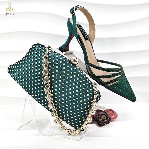 Robe chaussures QSGFC Nigeria mode sophistiqué-vente style vert strass embelli satin talons pointus et sac à main