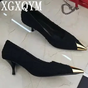 Dress Shoes Real Leather High Heel Pumps Chain Designer Ladies Pointed Teen Gold Formal Party Wedding Slip On Women