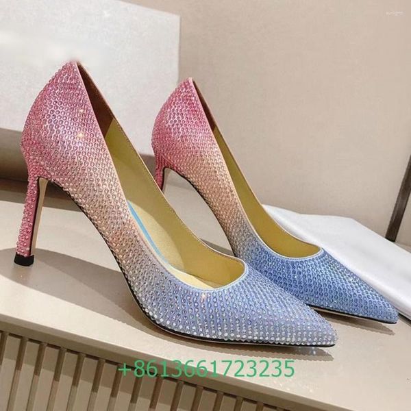 Robe Chaussures Rouge / Bleu Cristal Brillant Femmes Pompes Bling Party Mariage Talons Hauts Strass Banquet Luxure 8.5cm Stiletto