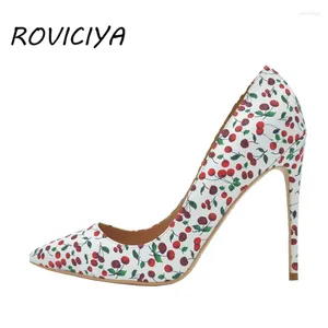 Chaussures habillées Red Cherry Imprimé sexy Pumps 12 cm High Heels Femme Party Wedding pointu Pu Leather White Yg007 Roviciya