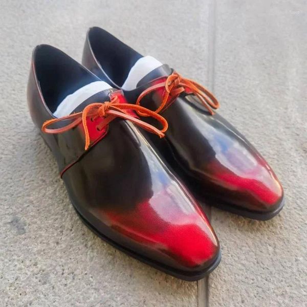 Chaussures habillées couleurs de dégradé rouge cuir pour hommes luxe à lacets lumineux pour hommes et mariage.