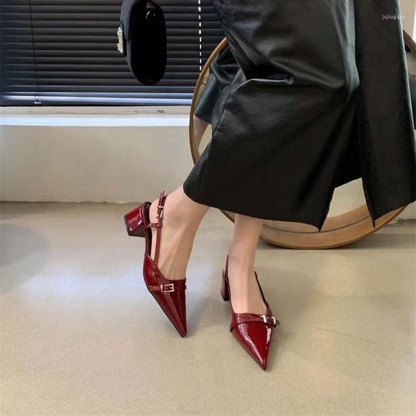 Robe chaussures rouge talons hauts femmes bout pointu Slingback dames pompes décontracté talon bas boucle de ceinture bureau automne chaussure femme