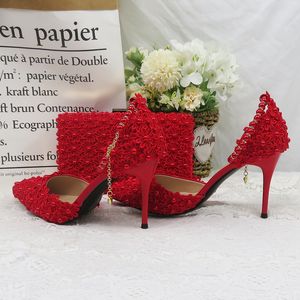 Nette schoenen Rode Parel Bloem Bruiloft met bijpassende tassen Hoge hakken Puntschoen Enkelbandje Dames Feestschoen en tas set 230506
