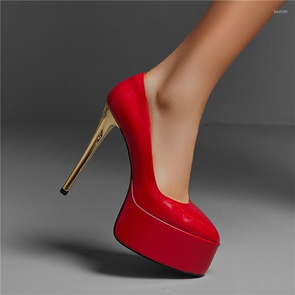 Zapatos de vestir Plataforma roja Bombas de oficina poco profundas Damas Slip On Gold Tacón súper alto Boda Madura Lujoso Elegante Mujer
