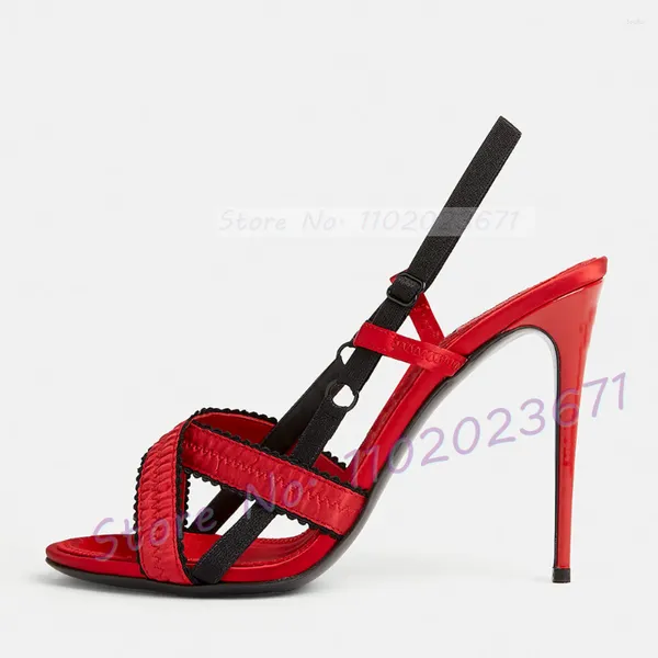 Zapatos de vestir Sandalias de satén con lazo rojo con volantes para mujer Correa cruzada fina Estilo corsé Slingback LadyFashion Fiesta Tacones altos