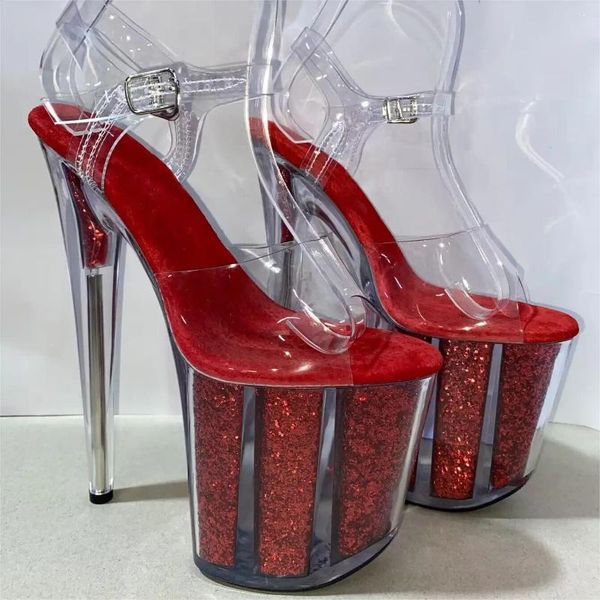 Chaussures habillées paillettes rouges 20 cm de plate-forme transparente sexy garniture de 8 pouces STILetto Party Chaussures de boîte de nuit / modèle de modèle de pole dance sandales