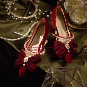 Robe chaussures rouge velours noeud pompes bout pointu perle chaton talons femmes fête mariage sexy peu profond 2023 élégant été