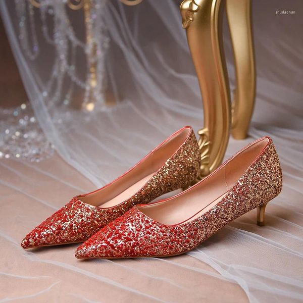 Zapatos de vestir rojo amarillo gradiente lentejuelas boda mujer moda brillante ancho novia bombas bajos tacones dorados zapatilla de cristal solo