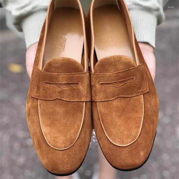 Zapatos de vestir retro marrón hombres mocasines hechos a mano vaca gamuza punta redonda tacón bajo máscara resbalón en negocios casual fiesta clásico confort