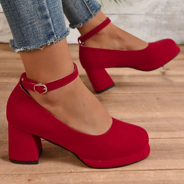 Chaussures habillées Retro Lady Spring Pumps Velor Velvet Red Black Round Toe Plateforme Mary Janes Femmes Big Taille 46 47 48 Square Chunky Talons