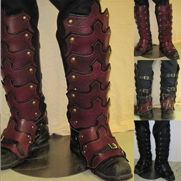 Chaussures habillées rétro Armure médiévale Cosplay chaussures couvertures boucle pu en cuir épreuve d'eau noire brun chevaliers long bottes-couvercle réglable 230812