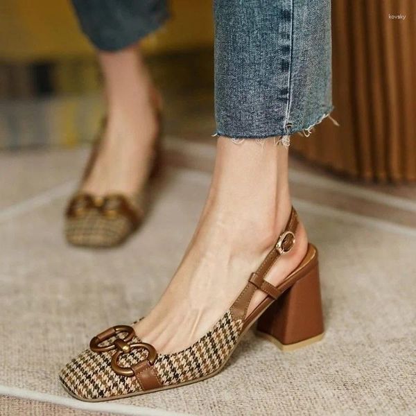 Chaussures de robe Rétro Plaid Sandal Moyen Bloc Talons Chunky Designer Miroir Sandales De Luxe Femme Marques D'été Tendance Femme 2024 Roman