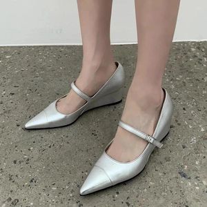 Chaussures habillées Retro Silver Pointed coin Mary Jane Femmes de style fée polyvalente