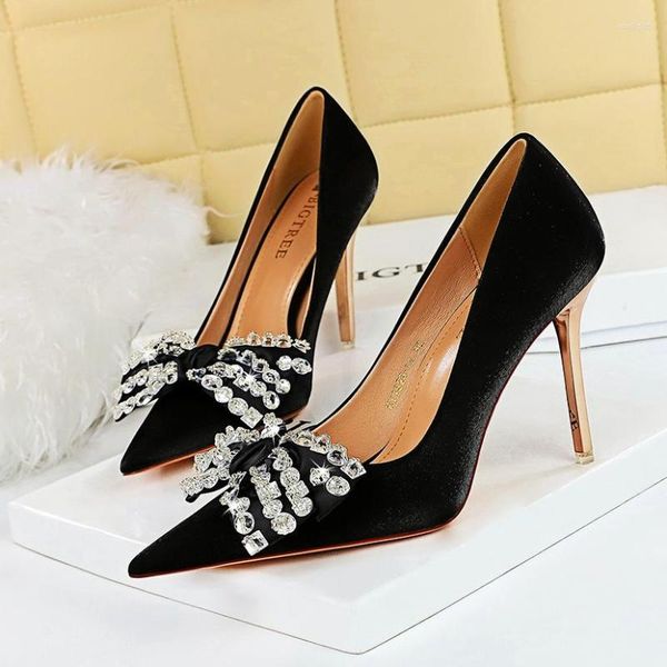 Chaussures habillées strass nœud pointu talons hauts soie bouche peu profonde talon fin fête chaussure taille 43 élégant bureau mariage mariée