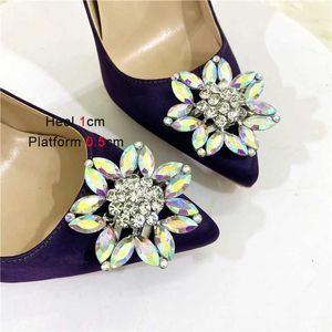 Robe chaussures strass fleur mode femmes unique violet soie fête talons hauts 12 cm de haute qualité pointe pointue pompes à talons fw9n h240321