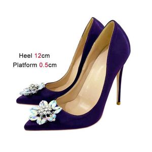 Jurk Schoenen Strass Bloem Mode Dames Enkele Paarse Zijde Feest Hoge Hakken 12CM Hoogwaardige Puntige Stiletto Pumps3KJT H240321