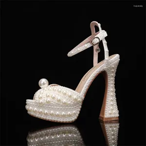 Chaussures de robe strass perle bout ouvert talons hauts plate-forme talon épais 14 cm sandales boucle mariage femmes mariée sandalias mujer