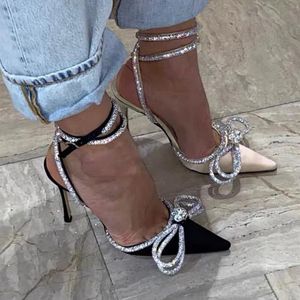Dress Shoes Rhinestones Pumps Women Crystal Bow-Knot Sandals Pointed Teen Silk Fashion Lady Hoge Heel Party Wedding Summer