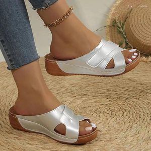 Dress Shoes Rimocy Fashion Silver Wedge Sandals For Women Summer 2024 Casual platform Slides Woman Comfortabele lichtgewicht strandslippers 43