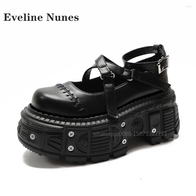 Dress Shoes Rivet Sewing Thick Sole Pumps Round Toe Snake-Like Buckle Strap Hollow Black Platform Height Increasing Retro Punk