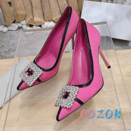 Chaussures habillées Rose-Rouge Cuir Couture Cristal Boucle Carrée Talons Hauts Bout Pointu Stiletto Dîner Formel