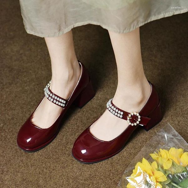 Robe chaussures bout rond talon épais boucle ardillon perle décoration mode femmes été bouche peu profonde élégant décontracté fête talons hauts