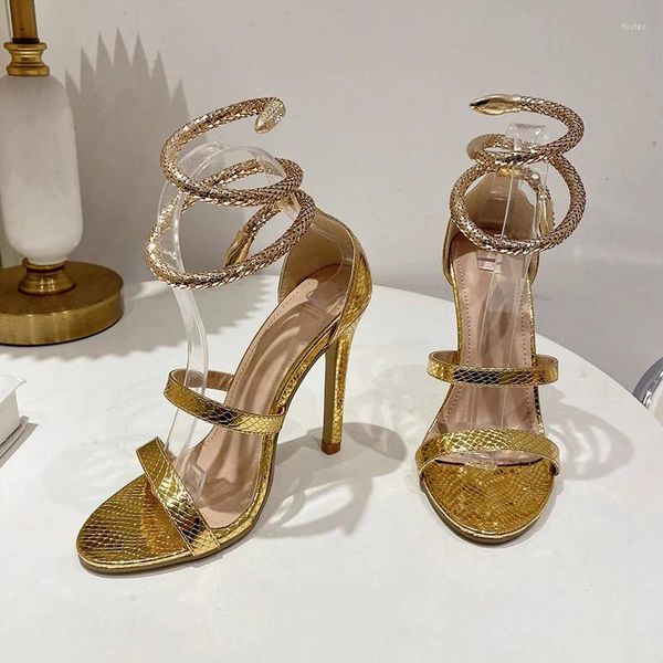 Chaussures habillées Round Toe Peep Sequin Snake Strap Sandals Sandales Femme Été Stiletto Heels Gold Black Party Fashion 35-42 Plus taille